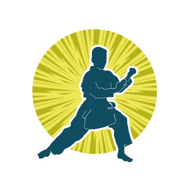 Doğu dövüş sanatı pozu veren bir adamın silueti. Dövüş sanatlarında bir erkeğin silueti..