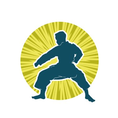 Doğu dövüş sanatı pozu veren bir adamın silueti. Dövüş sanatlarında bir erkeğin silueti..