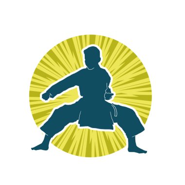 Doğu dövüş sanatı pozu veren bir adamın silueti. Dövüş sanatlarında bir erkeğin silueti..