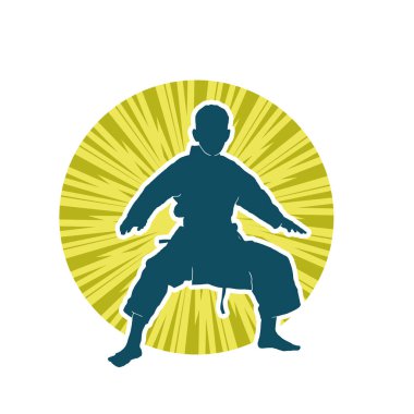 Doğu dövüş sanatı pozu veren bir adamın silueti. Dövüş sanatlarında bir erkeğin silueti..