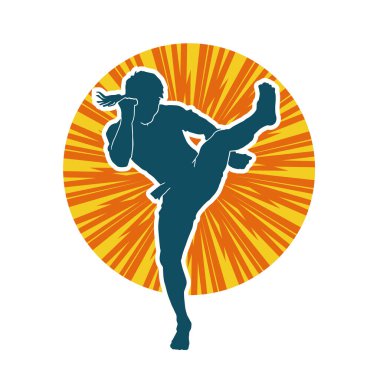 Hareketli erkek kickboksör atletinin silueti. Kickboks yapan bir adamın silueti..