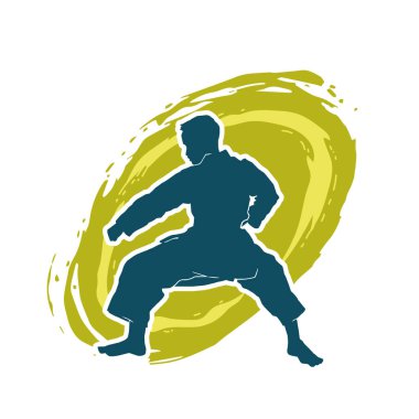 Doğu dövüş sanatı pozu veren bir adamın silueti. Dövüş sanatlarında bir erkeğin silueti..