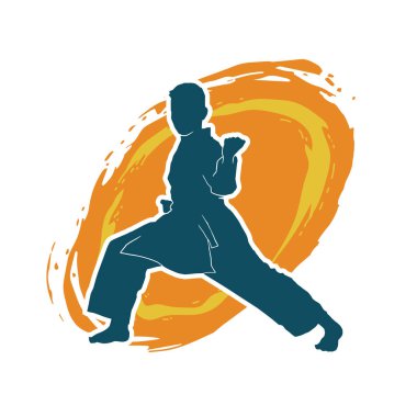 Doğu dövüş sanatı pozu veren bir adamın silueti. Dövüş sanatlarında bir erkeğin silueti..