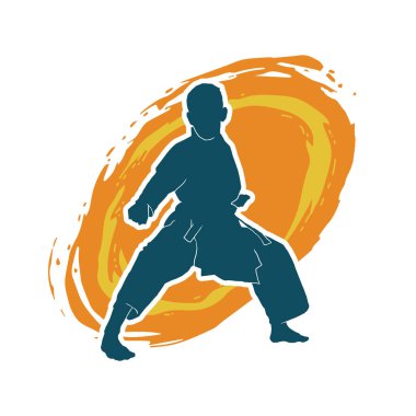 Doğu dövüş sanatı pozu veren bir adamın silueti. Dövüş sanatlarında bir erkeğin silueti..