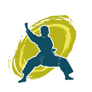 Doğu dövüş sanatı pozu veren bir adamın silueti. Dövüş sanatlarında bir erkeğin silueti..