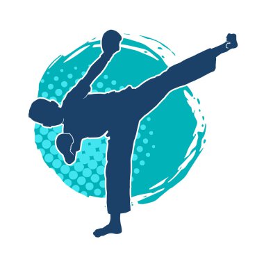 Dövüş sanatları pozu veren bir erkeğin silueti. Dövüş sanatları ustasının silueti tekme atma pozu veriyor..