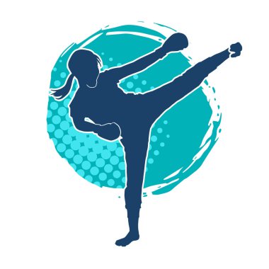 Dövüş sanatları tekmesi atan bir kadının silueti. Sportif bir kadının silueti tekme hareketi yapıyor..