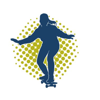 Hareket halindeki bir kadın silueti kaykay üzerinde poz veriyor. Kaykaylı şehirli bir kızın silueti..