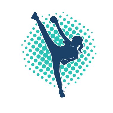 Dövüş sanatları tekmesi pozu veren bir kadının silueti. Dövüş sanatlarındaki bir kadının silueti tekme atma pozu veriyor..