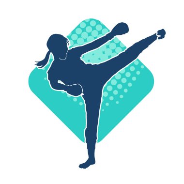 Dövüş sanatları tekmesi pozu veren bir kadının silueti. Dövüş sanatlarındaki bir kadının silueti tekme atma pozu veriyor..