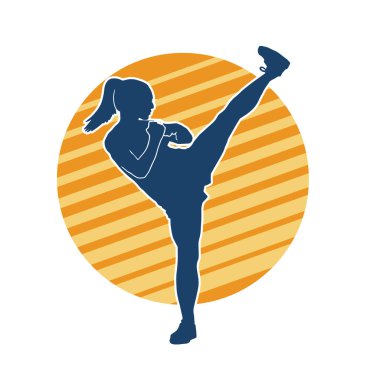 Dövüş sanatları tekmesi pozu veren bir kadının silueti. Dövüş sanatlarındaki bir kadının silueti tekme atma pozu veriyor..