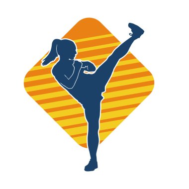 Dövüş sanatları tekmesi pozu veren bir kadının silueti. Dövüş sanatlarındaki bir kadının silueti tekme atma pozu veriyor..