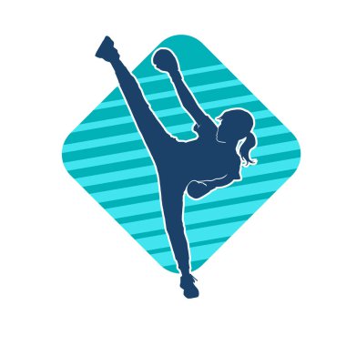 Dövüş sanatları tekmesi pozu veren bir kadının silueti. Dövüş sanatlarındaki bir kadının silueti tekme atma pozu veriyor..