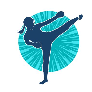 Dövüş sanatları tekmesi pozu veren bir kadının silueti. Dövüş sanatlarındaki bir kadının silueti tekme atma pozu veriyor..