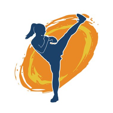 Dövüş sanatları tekmesi pozu veren bir kadının silueti. Dövüş sanatlarındaki bir kadının silueti tekme atma pozu veriyor..