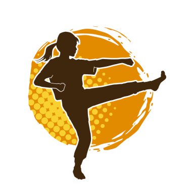 Dövüş sanatları tekmesi pozu veren bir kadının silueti. Dövüş sanatlarındaki bir kadının silueti tekme atma pozu veriyor..