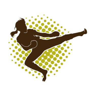 Dövüş sanatları tekmesi pozu veren bir kadının silueti. Dövüş sanatlarındaki bir kadının silueti tekme atma pozu veriyor..