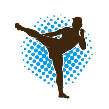 Hareketli erkek kickboksör atletinin silueti. Kickboks yapan bir adamın silueti..