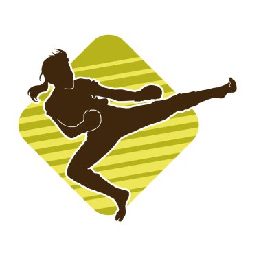 Dövüş sanatları tekmesi pozu veren bir kadının silueti. Dövüş sanatlarındaki bir kadının silueti tekme atma pozu veriyor..