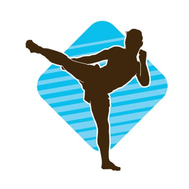 Hareketli erkek kickboksör atletinin silueti. Kickboks yapan bir adamın silueti..