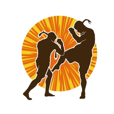 Hareketli erkek kickboksör atletinin silueti. Kickboks yapan bir adamın silueti..
