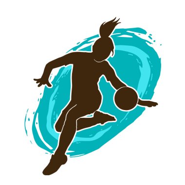 Topa vuran bayan futbolcunun silueti. Hareketli bir futbolcu kadının silueti..