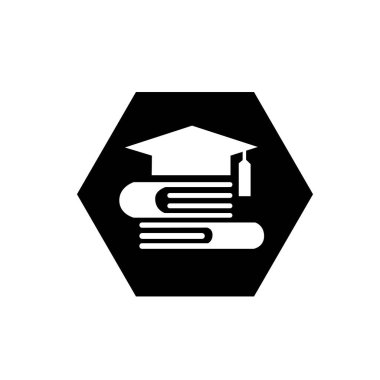 Mezuniyet şapkası ve kitap yığını sembolü. Akademik kurum ikonu. Akademik bilgi simgesi