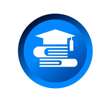 Mezuniyet şapkası ve kitap yığını sembolü. Akademik kurum ikonu. Akademik bilgi simgesi