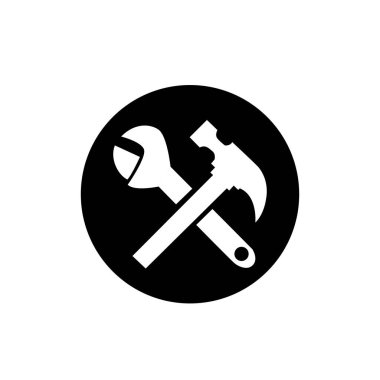 Tamirci aletleri simgesi. Atölye ekipmanı sembolü vektör illüstrasyon logo şablonu. İngiliz anahtarı ve çekiç alet simgesi. Mekanik onarım ve servis logosu.