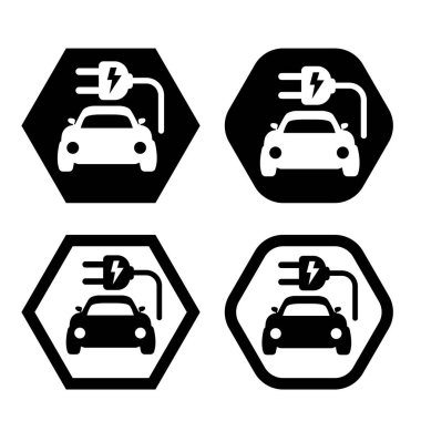 Araba ve elektrik prizi sembolü. Elektrikli araç simgesi.