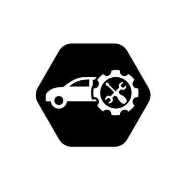Araba, çark ve İngiliz anahtarı sembolü. Otomotiv bakım ikonu. Otomotiv teknisyeni logosu veya simgesi.