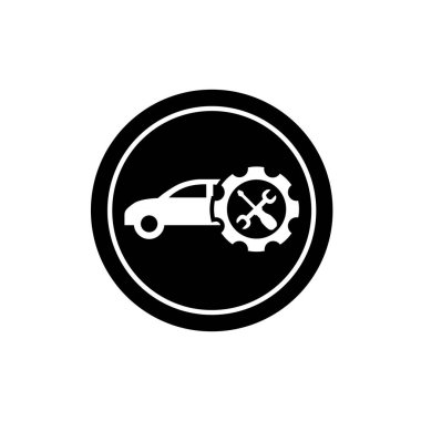 Araba, çark ve İngiliz anahtarı sembolü. Otomotiv bakım ikonu. Otomotiv teknisyeni logosu veya simgesi.