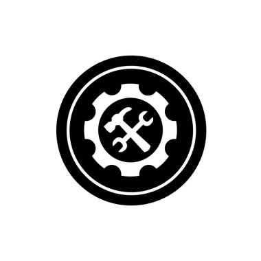 Çapraz çekiç ve İngiliz anahtarı sembolü. Aletler ve çark sembolü. Onarım servisi veya teknisyen simgesi veya logosu.