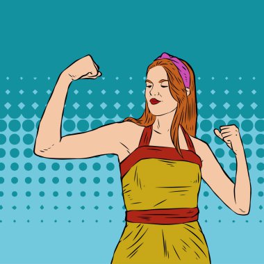Genç ve güzel bir kadının, eski çizgi roman tarzı pop sanatıyla çizilmiş kol kaslarını gösterişi. Retro kadın işçi gücü ya da feminizm sembolü..