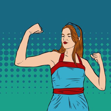 Genç ve güzel bir kadının, eski çizgi roman tarzı pop sanatıyla çizilmiş kol kaslarını gösterişi. Retro kadın işçi gücü ya da feminizm sembolü..