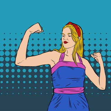 Genç ve güzel bir kadının, eski çizgi roman tarzı pop sanatıyla çizilmiş kol kaslarını gösterişi. Retro kadın işçi gücü ya da feminizm sembolü..