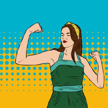 Genç ve güzel bir kadının, eski çizgi roman tarzı pop sanatıyla çizilmiş kol kaslarını gösterişi. Retro kadın işçi gücü ya da feminizm sembolü..