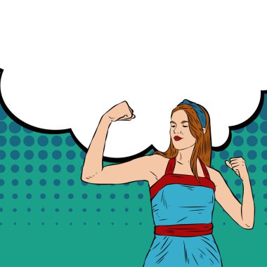 Genç ve güzel bir kadının, eski çizgi roman tarzı pop sanatıyla çizilmiş kol kaslarını gösterişi. Retro kadın işçi gücü ya da feminizm sembolü..