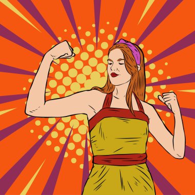Genç ve güzel bir kadının, eski çizgi roman tarzı pop sanatıyla çizilmiş kol kaslarını gösterişi. Retro kadın işçi gücü ya da feminizm sembolü..