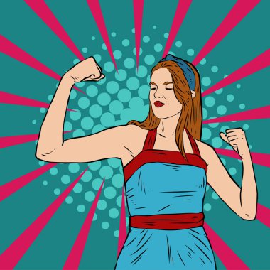 Genç ve güzel bir kadının, eski çizgi roman tarzı pop sanatıyla çizilmiş kol kaslarını gösterişi. Retro kadın işçi gücü ya da feminizm sembolü..