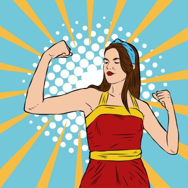 Genç ve güzel bir kadının, eski çizgi roman tarzı pop sanatıyla çizilmiş kol kaslarını gösterişi. Retro kadın işçi gücü ya da feminizm sembolü..