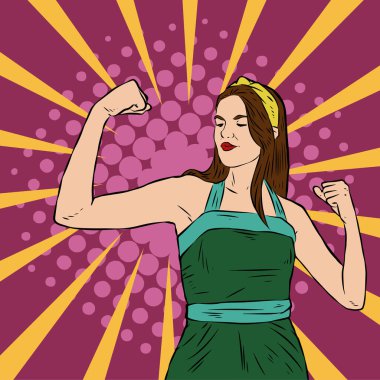 Genç ve güzel bir kadının, eski çizgi roman tarzı pop sanatıyla çizilmiş kol kaslarını gösterişi. Retro kadın işçi gücü ya da feminizm sembolü..
