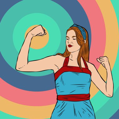 Genç ve güzel bir kadının, eski çizgi roman tarzı pop sanatıyla çizilmiş kol kaslarını gösterişi. Retro kadın işçi gücü ya da feminizm sembolü..
