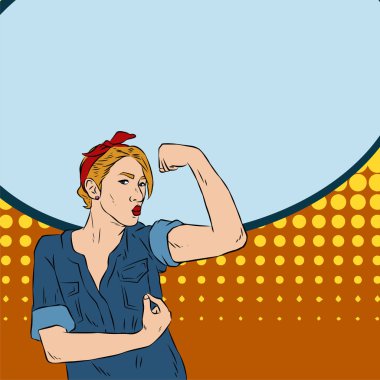 Genç ve güzel bir kadının, eski çizgi roman tarzı pop sanatıyla çizilmiş kol kaslarını gösterişi. Retro kadın işçi gücü ya da feminizm sembolü..