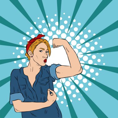 Genç ve güzel bir kadının, eski çizgi roman tarzı pop sanatıyla çizilmiş kol kaslarını gösterişi. Retro kadın işçi gücü ya da feminizm sembolü..