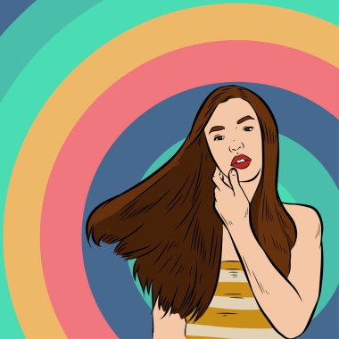 Genç bir kadın modelin tasviri. Yakın poz. Uzun düz saçlar..