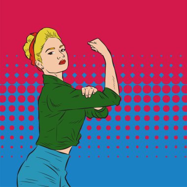 Genç ve güzel bir kadının, eski çizgi roman tarzı pop sanatıyla çizilmiş kol kaslarını gösterişi. Retro kadın işçi gücü ya da feminizm sembolü..