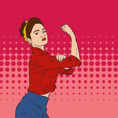 Genç ve güzel bir kadının, eski çizgi roman tarzı pop sanatıyla çizilmiş kol kaslarını gösterişi. Retro kadın işçi gücü ya da feminizm sembolü..