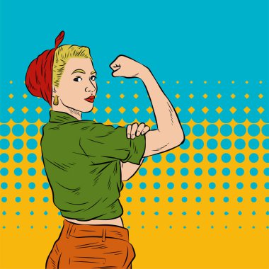 Genç ve güzel bir kadının, eski çizgi roman tarzı pop sanatıyla çizilmiş kol kaslarını gösterişi. Retro kadın işçi gücü ya da feminizm sembolü..