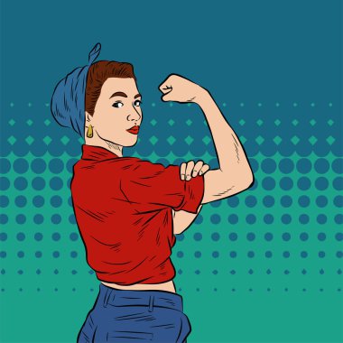Genç ve güzel bir kadının, eski çizgi roman tarzı pop sanatıyla çizilmiş kol kaslarını gösterişi. Retro kadın işçi gücü ya da feminizm sembolü..
